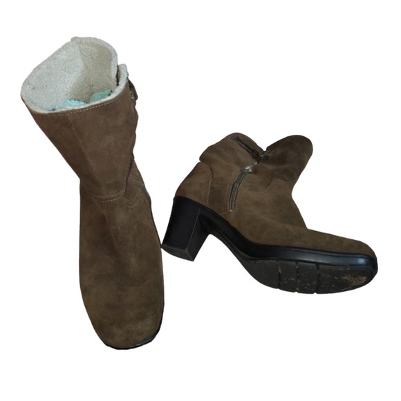 Women's Olive Green Suede Faux Fur Mid Calf Boots US 9M FAIR - Picture 2 of 8